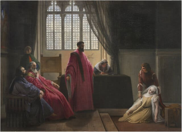 Hayez F. - Valenzia Gradenigo davanti agli Inquisitori, 1843-1845, olio su tela 105 x 140 cm