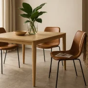 Ambiente elegante con pavimento in gres porcellanato effetto pietra, arredi minimalisti e luce naturale, simbolo del dialogo tra design, natura e innovazione