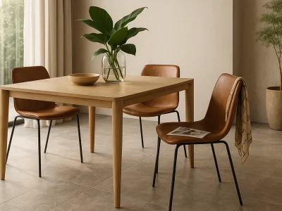Ambiente elegante con pavimento in gres porcellanato effetto pietra, arredi minimalisti e luce naturale, simbolo del dialogo tra design, natura e innovazione