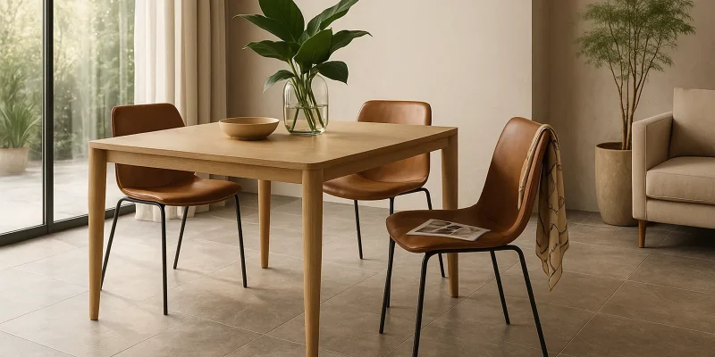 Ambiente elegante con pavimento in gres porcellanato effetto pietra, arredi minimalisti e luce naturale, simbolo del dialogo tra design, natura e innovazione